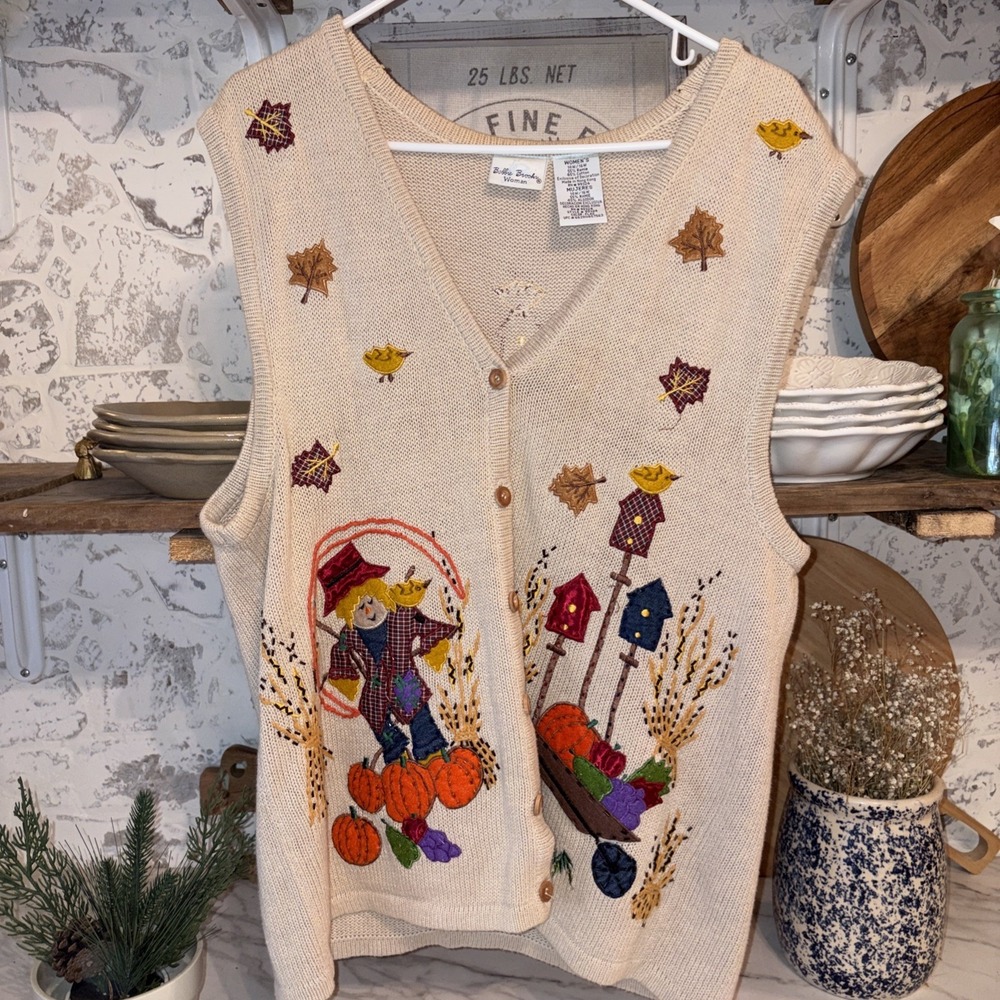 Vintage Bobbie Brooks Fall Halloween Cottagecore Granny Sweater Vest 14/16